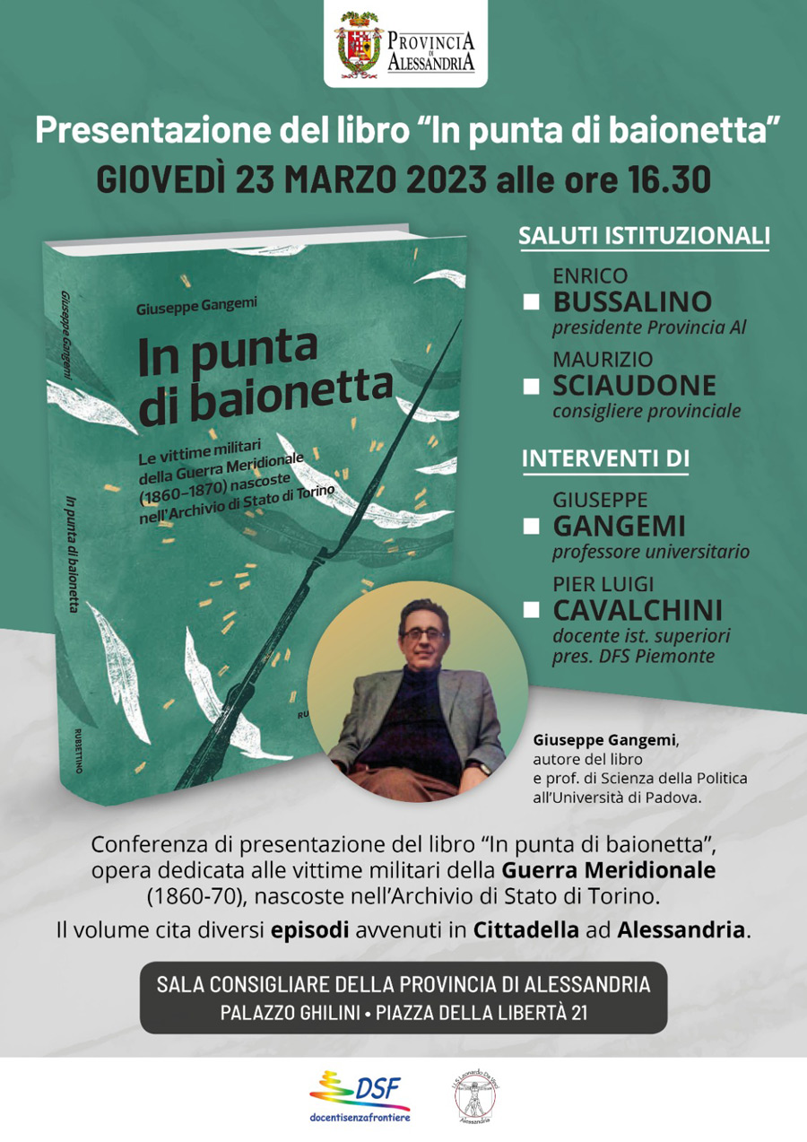 Giovedi 23 marzo il Prof. Giuseppe Gangemi presenta ‘IN PUNTA DI BAIONETTA’ a Palazzo Ghilini ad Alessandria