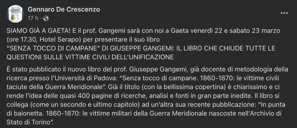 “Senza tocco di campane” di Giuseppe Gangemi: Il libro che chiude tutte le questioni sulle vittime civili dell'unificazione