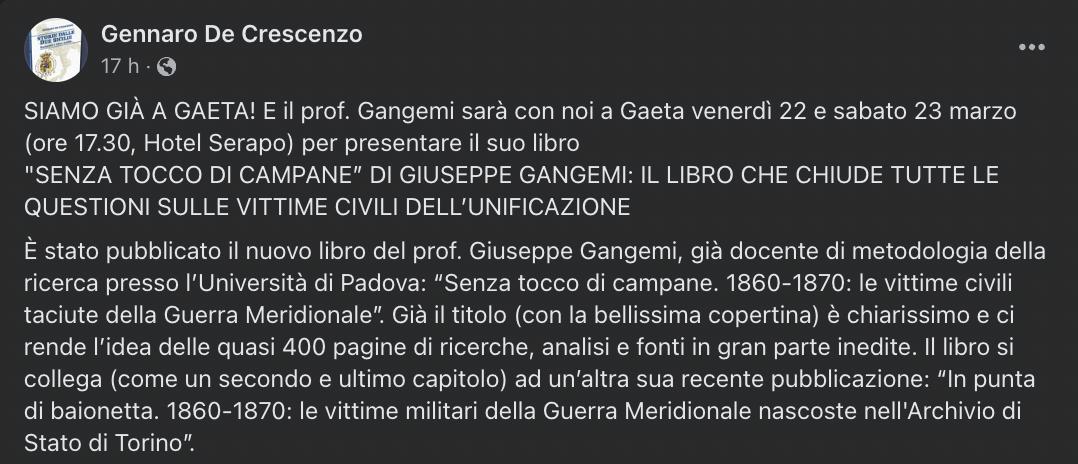 “Senza tocco di campane” di Giuseppe Gangemi: Il libro che chiude tutte le questioni sulle vittime civili dell'unificazione